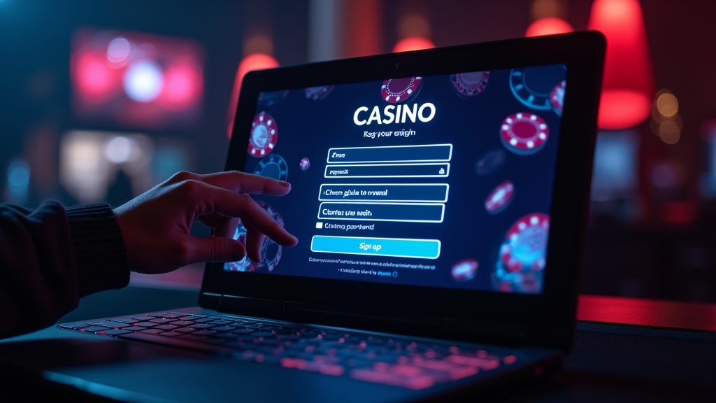 Formulario de registro de cuenta en un entorno de casino con luces neón.