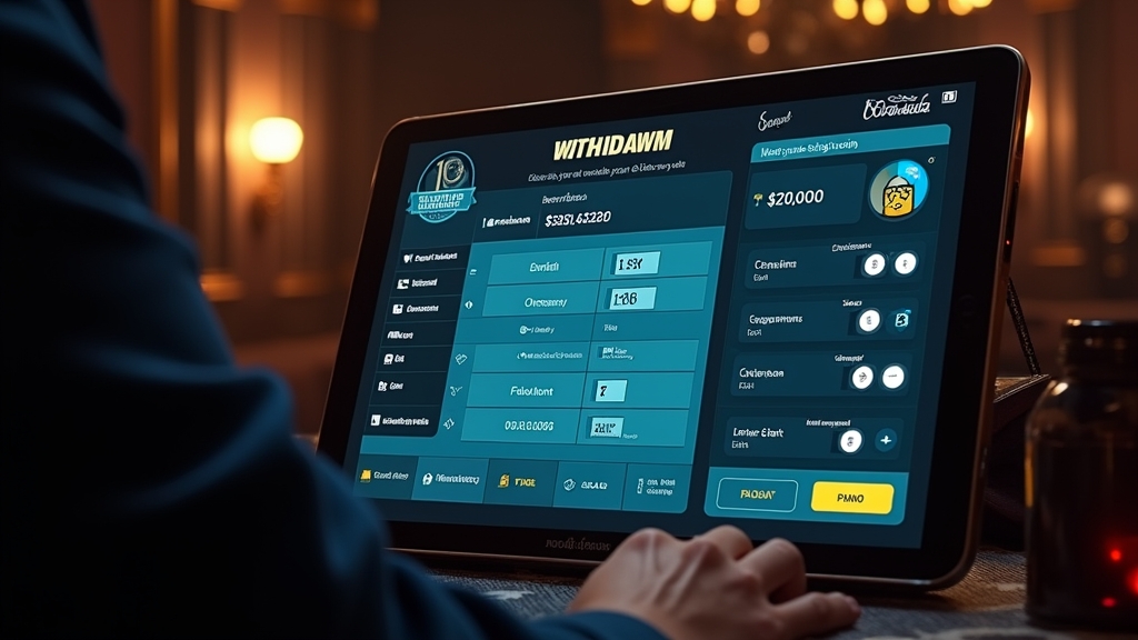 Pantalla de retiro con datos de pago en un entorno de casino oscuro